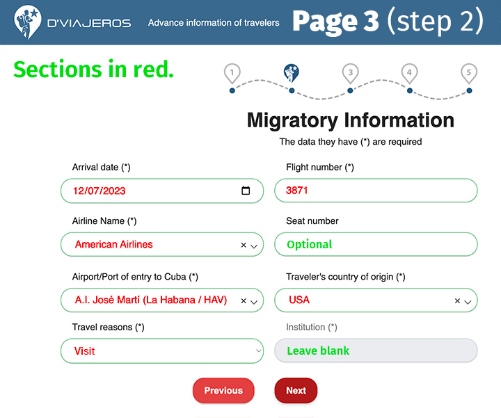 D'Viajeros Cuban Entry Form Migratory Information page.
